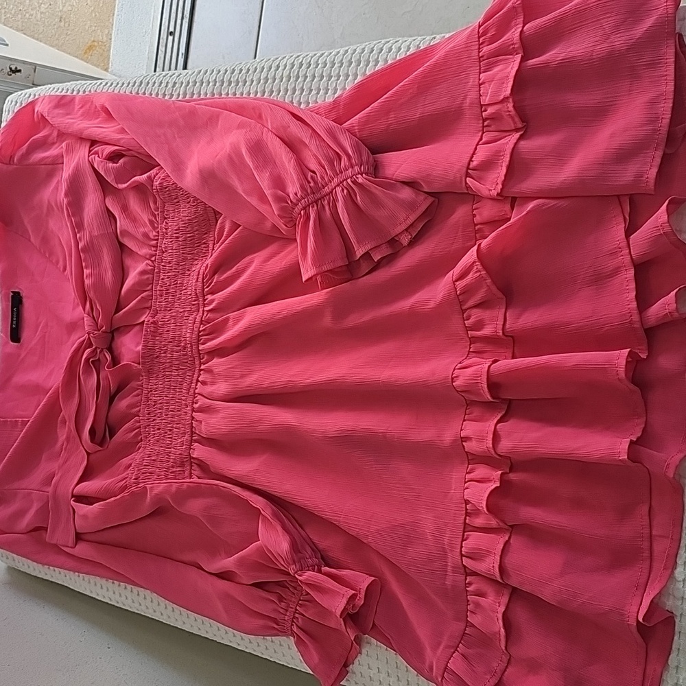 ZESICA Deep V Neck Knot Front Smocked Wiast Mini Dress Size L - Picture 10 of 13
